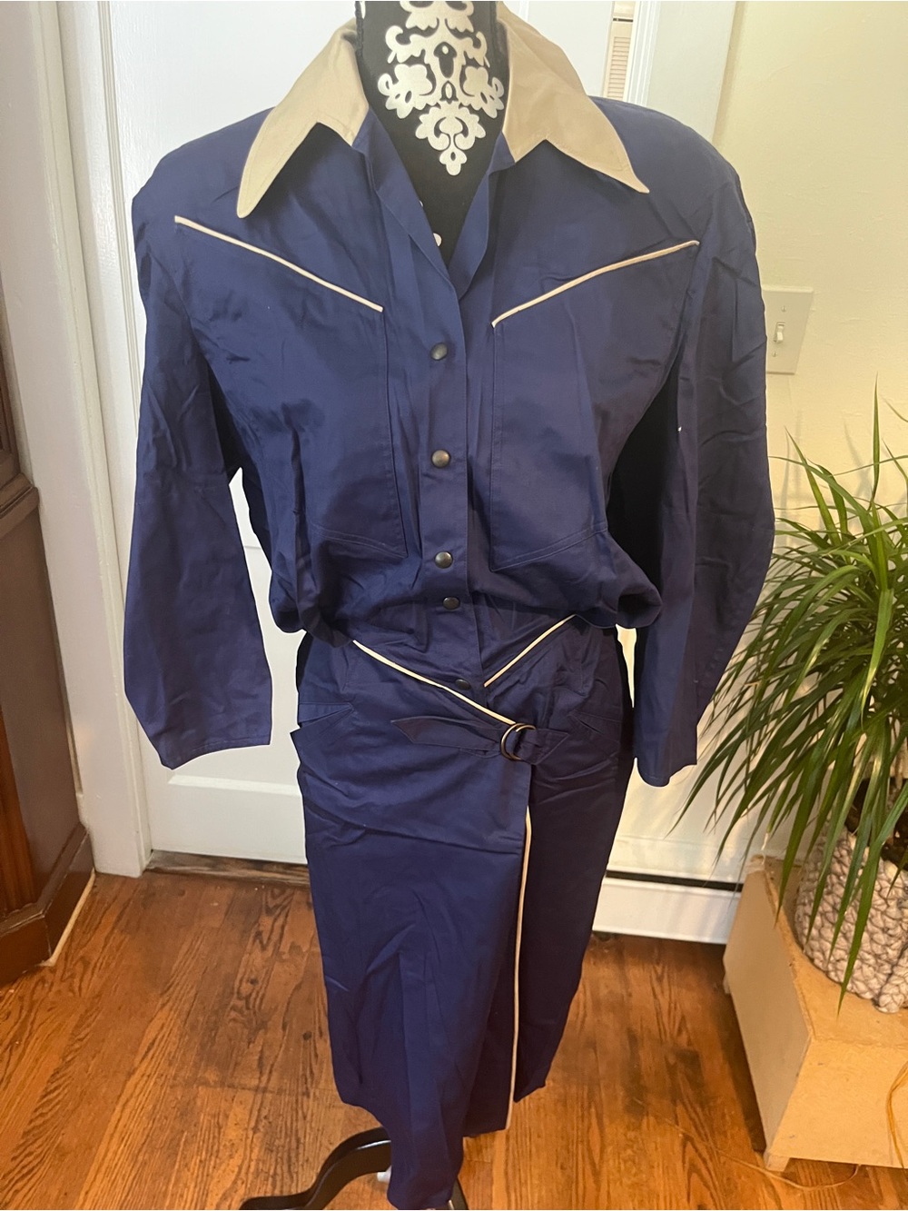 Vintage Thierry Mugler Navy Sculpted Utility Dress Belted 1980s Archival 6061